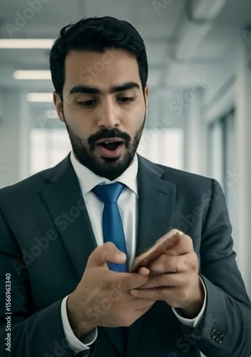 . Happy Indian businessman excitedly holding smartphone showing 3D profit text