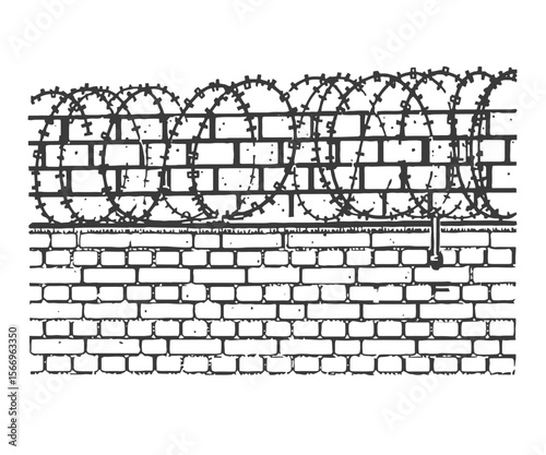 Monochrome Illustration of a Brick Wall Topped with Barbed Wire Security