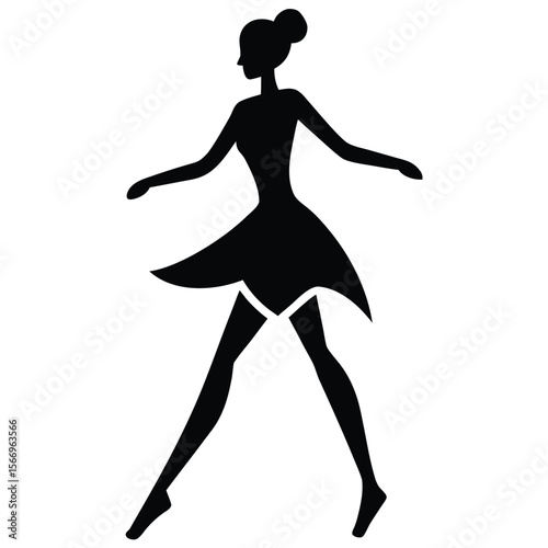 Silhouette woman gracefully poses in short dress while barefoot, set against transparent background