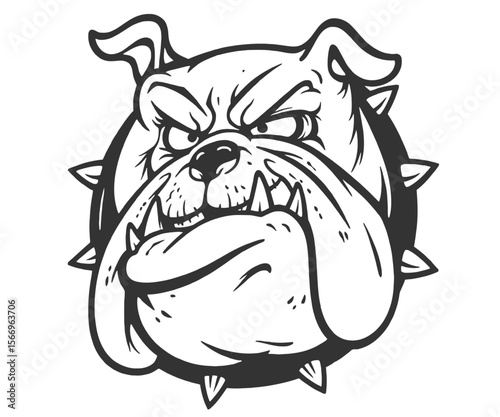 Grumpy Bulldog Head with Spiked Collar in Black and White Illustration