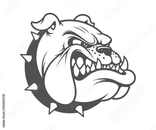 Aggressive Bulldog Mascot Head with Spiked Collar in Black and White