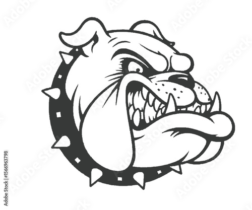 Aggressive Bulldog Head with Spiked Collar Black and White Illustration