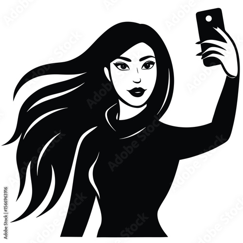 Attractive brunette woman takes a phone selfie as her long hair blows in wind