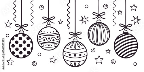 Five ornaments of different designs hang amid circles and stars, against a transparent background
