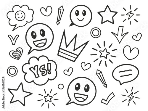 Line art shows floating outlined icons, including happy faces, stars, hearts, and crown