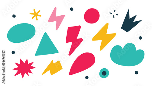 Fun colorful shapes including stars and lightning bolts are scattered across a white background