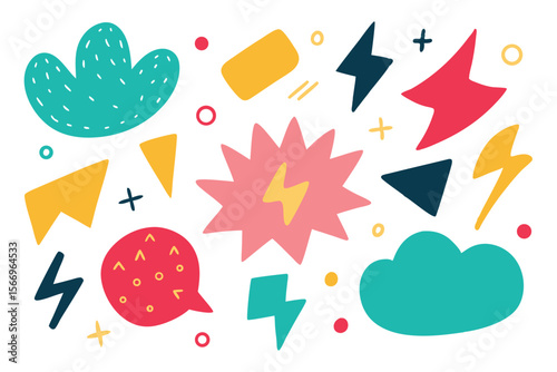 Vivid shapes like turquoise clouds, red speech bubbles, and yellow lightning bolts scatter cheerfully