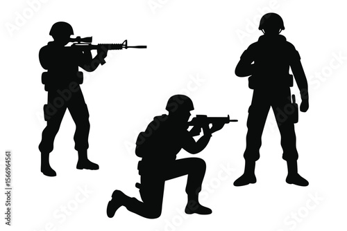 Silhouette soldiers aiming rifles presents military defense and strategic readiness against opposing forces on transparent background