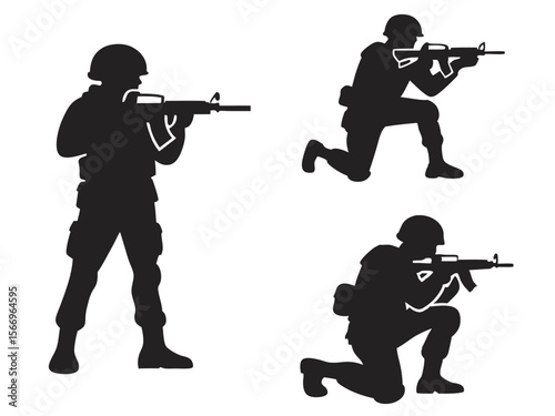 Silhouette soldiers with rifles in varied stances exhibit strategic military positions on transparent background