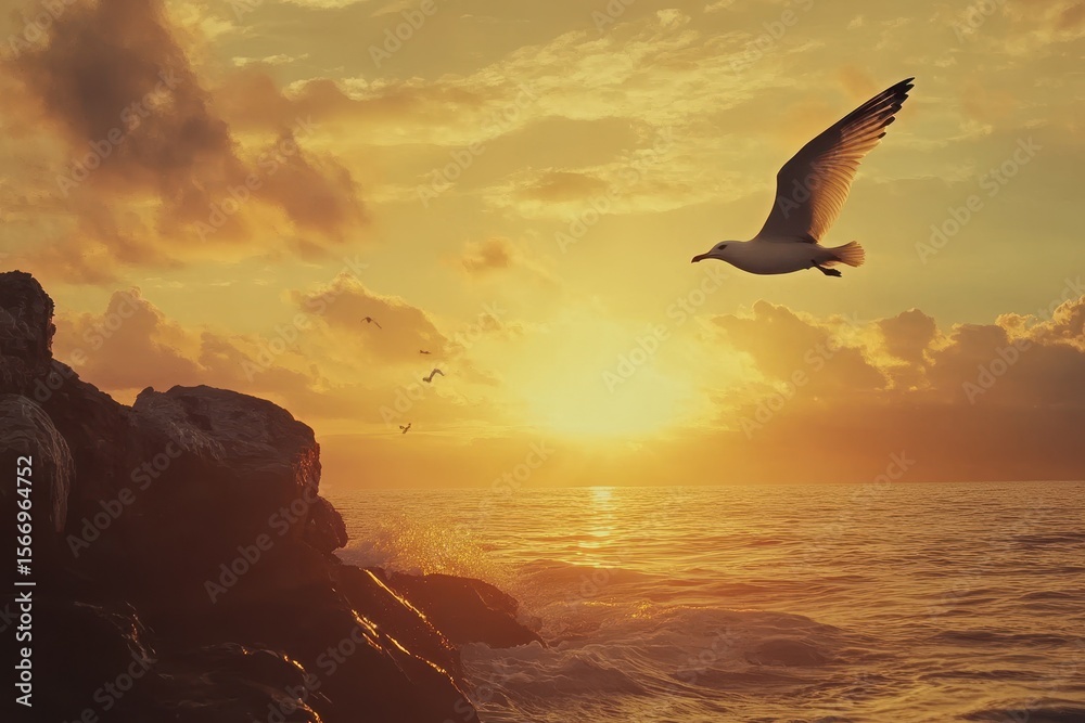 Fototapeta premium Seagull gliding gracefully through the sky at sunset near the ocean, slow motion seagull flying across the sky