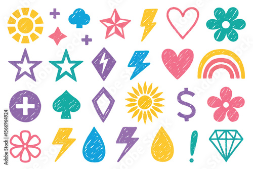 Colorful doodle art reveals diverse geometric and nature symbols with a playful, vibrant charm