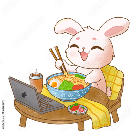 Adorable Bunny Eating Ramen While Watching Laptop – Cozy Food Illustration