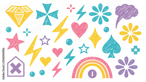 Colorful scribble style shapes include diamond, hearts, stars, rainbow, plus signs on transparent background