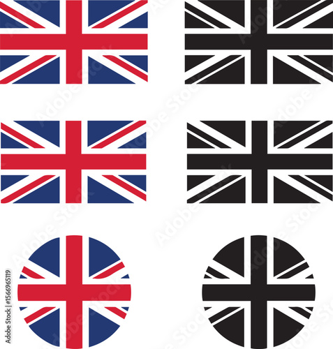 Collection of union jack flags in rectangular and circular shapes in color and black and white