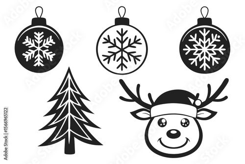 Black tree and reindeer with Christmas ornaments create a simple, cheerful holiday scene
