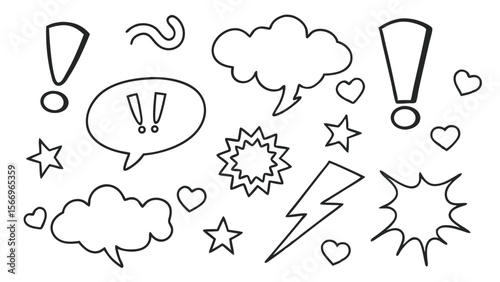 Hand drawn doodles of speech bubbles, hearts, stars, and exclamation marks adorn the white background