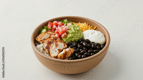 Modern Burrito Bowl with Chicken, Rice, and Fresh Toppings