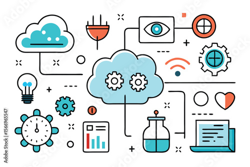 Various cloud computing and data related symbols are interconnected with thin lines on a white background
