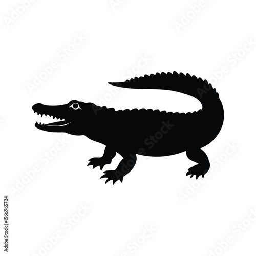 Silhouette of a large reptile with an exposed toothy grin on white