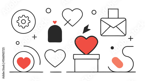 Abstract valentine features love heart, arrow, letter, and gear icons with transparent background