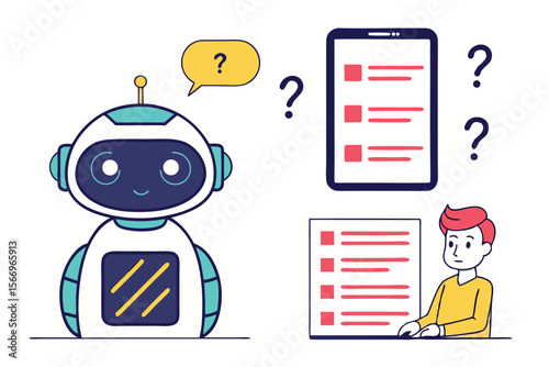 Confused cartoon robot assists a young man in reviewing data lists carefully today