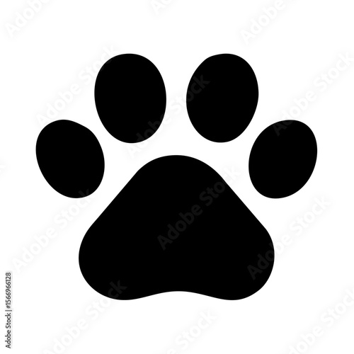 Paw Print Icon — Minimal Pet Symbol in Black and White, A clean vector illustration of a stylized black paw print on a white background — featuring four rounded toes and a bold central pad, ideal for 