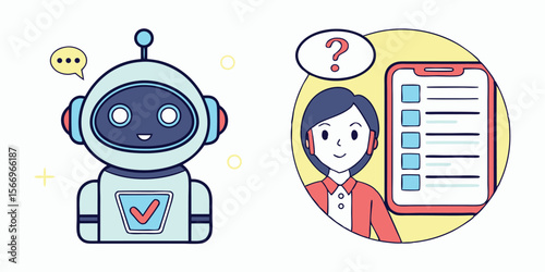 Smiling Asian woman with checklist faces a robot assistant for answering questions