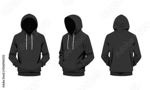 Modern vector illustration of a blank black hoodie sweatshirt long sleeve template sweatshirt long sleeve, hoody for design mockup for print, easily editable and scalable.
