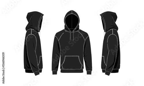 Modern vector illustration of a blank black hoodie sweatshirt long sleeve template sweatshirt long sleeve, hoody for design mockup for print, easily editable and scalable.