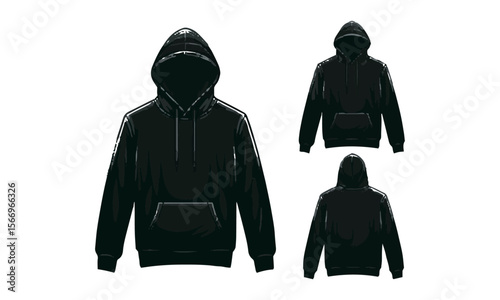 Modern vector illustration of a blank black hoodie sweatshirt long sleeve template sweatshirt long sleeve, hoody for design mockup for print, easily editable and scalable.