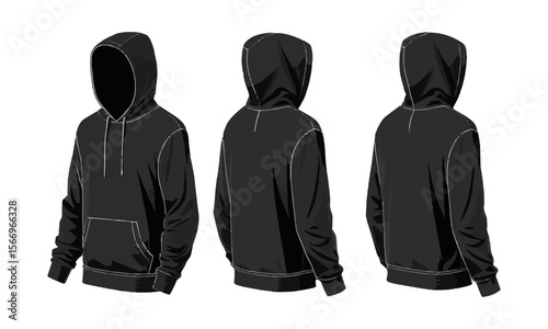 Modern vector illustration of a blank black hoodie sweatshirt long sleeve template sweatshirt long sleeve, hoody for design mockup for print, easily editable and scalable.