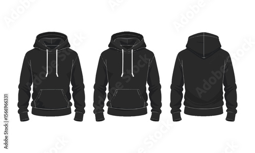 Modern vector illustration of a blank black hoodie sweatshirt long sleeve template sweatshirt long sleeve, hoody for design mockup for print, easily editable and scalable.