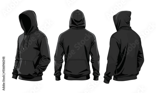 Modern vector illustration of a blank black hoodie sweatshirt long sleeve template sweatshirt long sleeve, hoody for design mockup for print, easily editable and scalable.