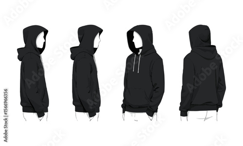 Modern vector illustration of a blank black hoodie sweatshirt long sleeve template sweatshirt long sleeve, hoody for design mockup for print, easily editable and scalable.