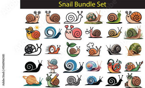 Charming snail family illustration with various garden elements and decorative accents