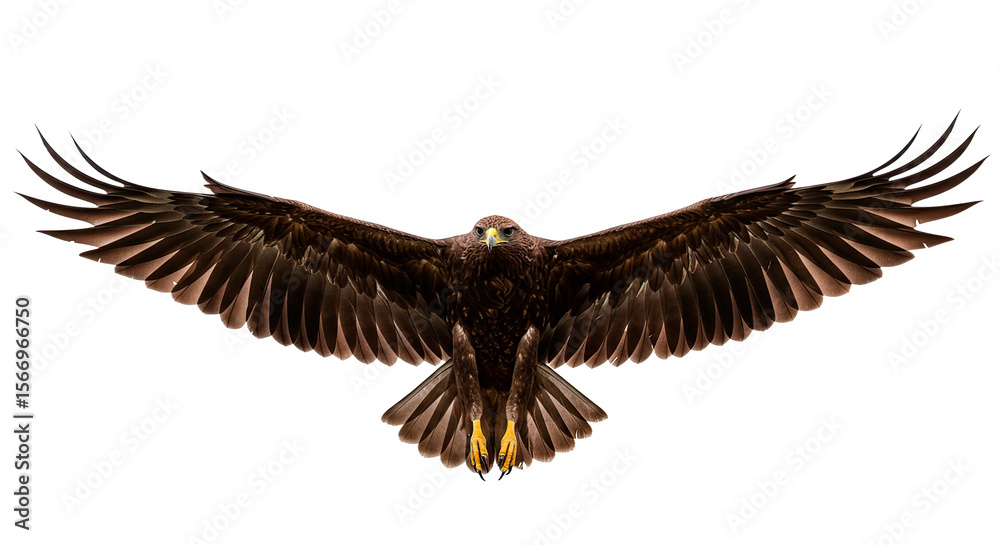 Fototapeta premium A stunning golden eagle in full flight, its wings spread wide against a dark backdrop.