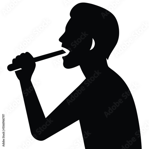 Silhouette of a man bringing a stick to his mouth in a transparent background