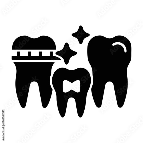 Dental health illustration depicting teeth, a crown, and shining stars of cleanliness