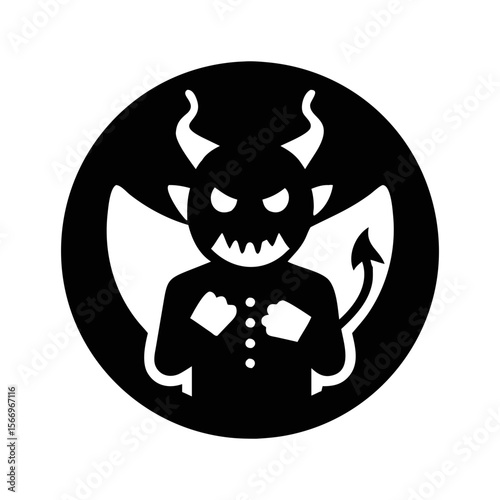 A black and white cartoon illustration of a devil in a circle