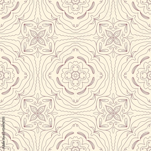 Whimsical Burgundy Floral Line Pattern on Beige Background – Seamless Design