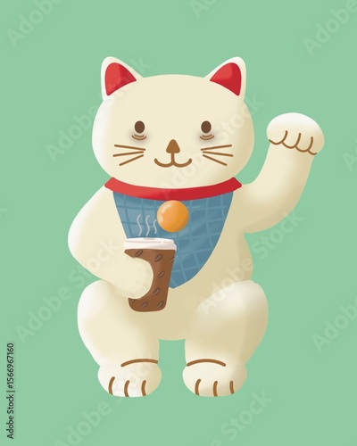 Cute  Lucky Cat Holding Hot Drink – Maneki Neko Illustration