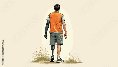 Man with prosthetic leg walking through tall grass