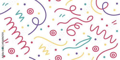 Colorful doodles consisting of squiggles, dots, and circles are scattered on a white backdrop