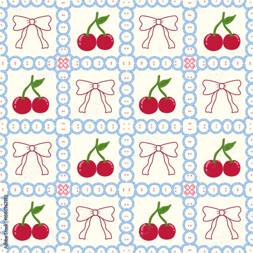 Retro Cherry and Bow Pattern – Cute Gingham-Inspired Grid Background