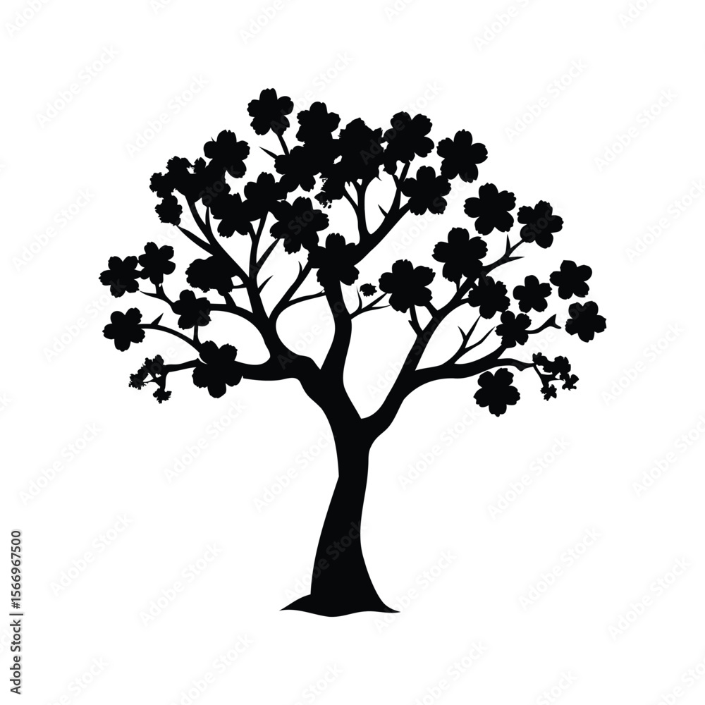 Obraz premium Silhouette of a flowering tree isolated on a white background, blooming tree