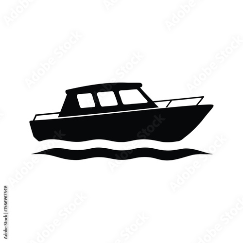 A sleek black silhouette of a motorboat gliding smoothly on water waves