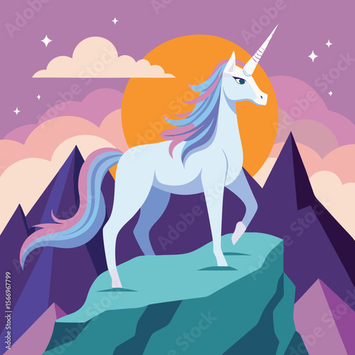 Majestic unicorn with crystal horn on mountain peak at sunrise in fantasy landscape with glowing light and magical atmosphere
