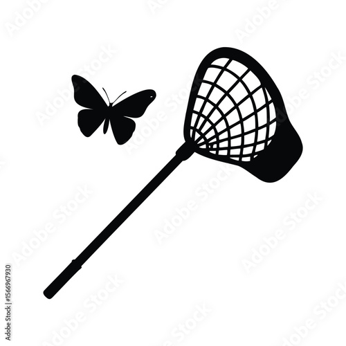 A simple black and white illustration of a butterfly and a net