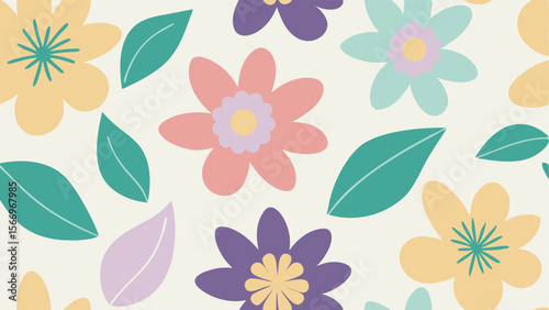 Pastel color floral and leaf pattern creates a retro, whimsical aesthetic seamlessly
