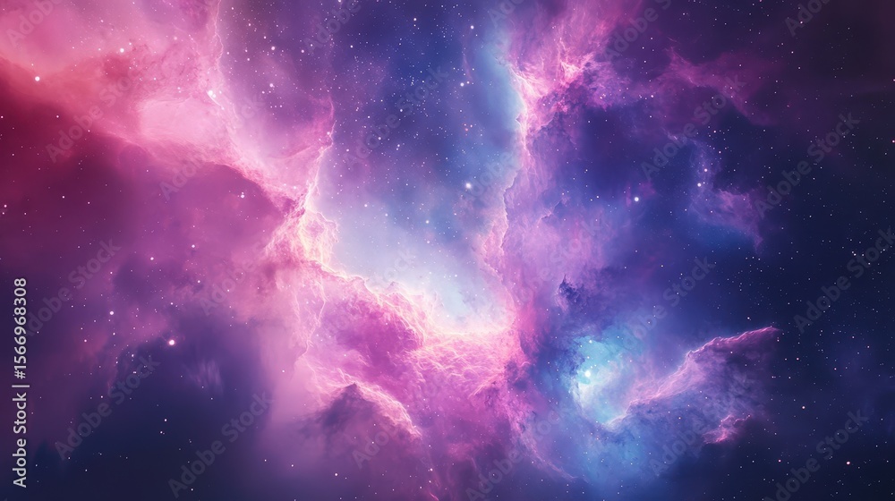 Fototapeta premium A Beautiful Cosmic Scene with Vibrant Colors in Space. Stunning Pink and Blue Nebula Background for Your Imagination.